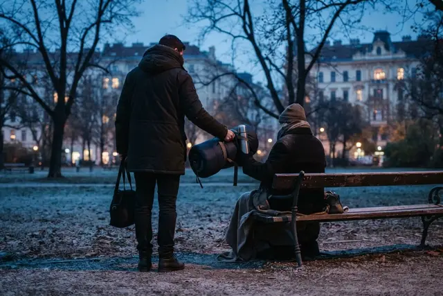 Kältetelefon Wien: Streetworkerin übergibt Schlafsack an obdachlosen Menschen im Park