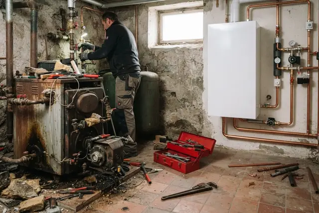 Kesseltausch-Förderung: Alte Ölheizung wird im Keller eines Einfamilienhauses durch eine Wärmepumpe ersetzt