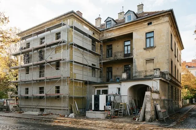 Mehrparteienhaus mit Dämmung als Symbolbild zum Klima-Sozialplan Österreich