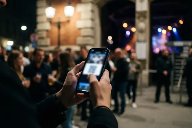 Konzertkarten kaufen: Smartphone mit digitalem Ticket vor einem Konzertsaal