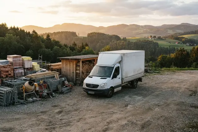 Konzession: Betriebshof eines Bau- und Transportunternehmens in Oberösterreich bei Sonnenaufgang