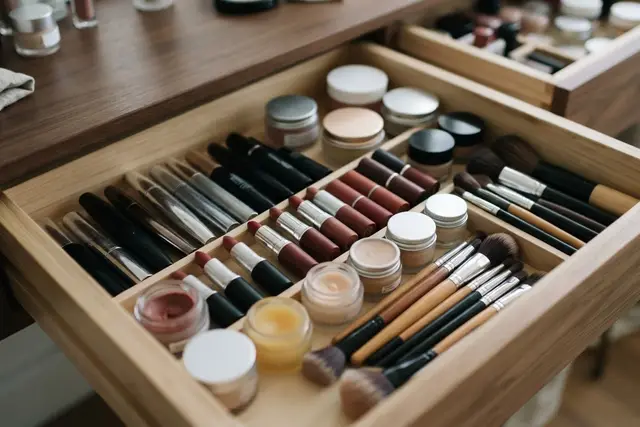 Kosmetik Haltbarkeit: Geöffnete Schminklade mit Mascara, Lippenstiften und Cremetiegeln