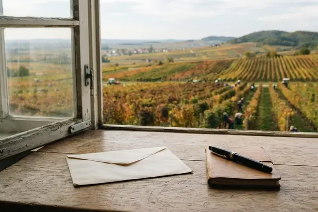 Kündigungsfristen: Briefkuvert und Stift auf Schreibtisch mit Blick auf Weingärten im Burgenland
