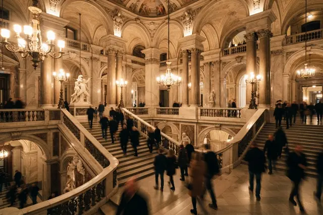 Lange Nacht der Museen: Besucher im beleuchteten Stiegenhaus eines Wiener Museums
