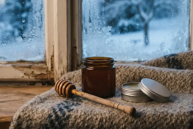 Lippenpflege im Winter: Lippenbalsam und Honigglas auf einer Wolldecke am Fenster