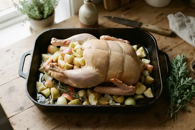 Martinigansl Rezept: Gefüllte Gans mit Äpfeln und Zwiebeln vor dem Braten im Bräter