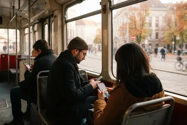 Messenger statt SMS: Fahrgäste in einer Wiener Straßenbahn tippen Nachrichten am Smartphone