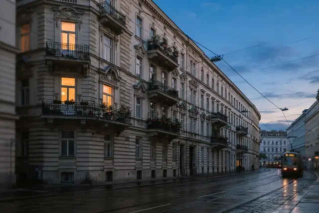 Mieten Österreich: Wohnhäuser mit beleuchteten Fenstern in einer Wiener Straße am Abend