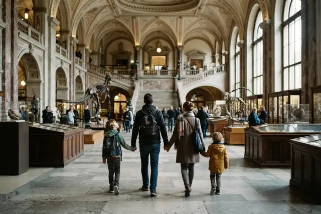 Museen Wien günstig: Familie besucht ein Wiener Museum mit großer Ausstellungshalle