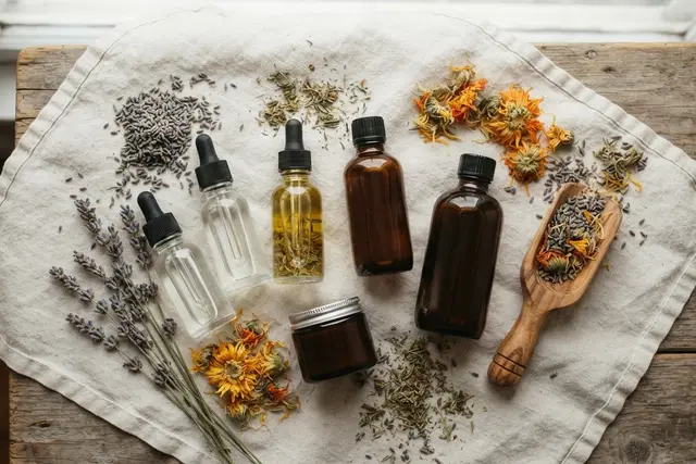 Naturkosmetik: Unbeschriftete Glasflaschen mit Lavendel und Ringelblumen auf Leinen