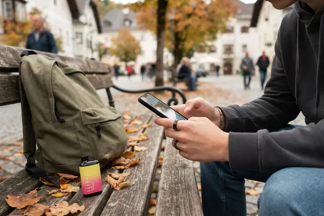 Nikotin bei Jugendlichen: Smartphone und bunte E-Zigarette auf einer Parkbank