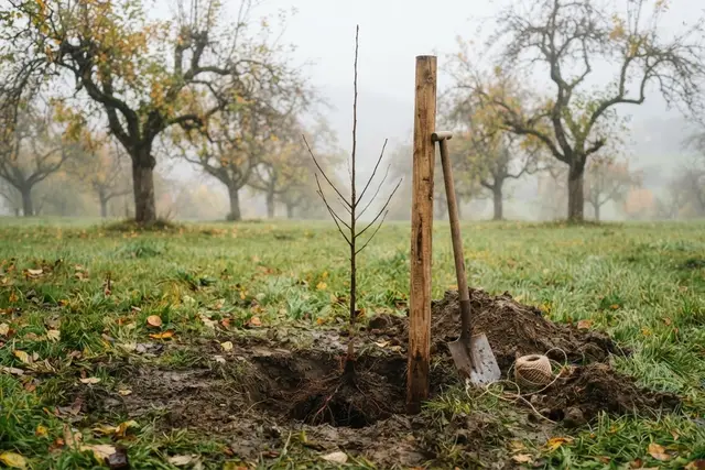 Obstbaum pflanzen: Junger Apfelbaum mit Pfahl auf einer Streuobstwiese im Herbst