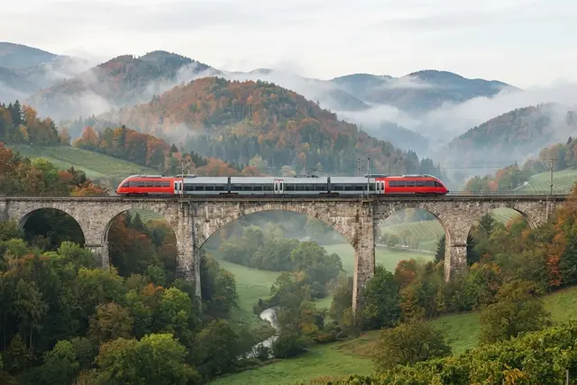 ÖBB Fahrplan 2027: Personenzug fährt über eine Brücke in der Steiermark