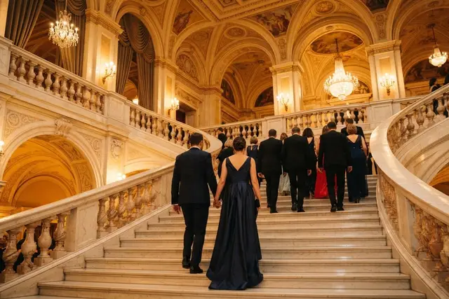 Oper Wien für Einsteiger: festliches Stiegenhaus eines Wiener Opernhauses mit Besuchern