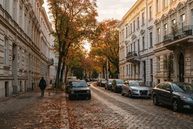 Parkpickerl Wien: Geparkte Autos in einer Wohnstraße mit Altbauten im Herbst