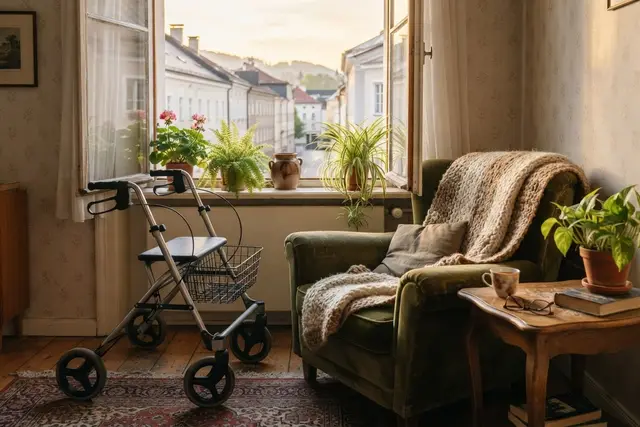 Pflegegeld Stufen: Rollator und Lehnstuhl in einer Wohnung eines pflegebedürftigen Menschen