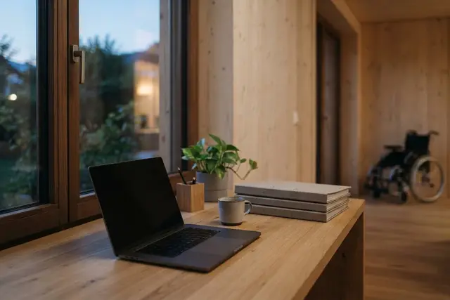 Pflegekarenz: Homeoffice-Schreibtisch und Rollstuhl im Hintergrund eines Hauses in Vorarlberg
