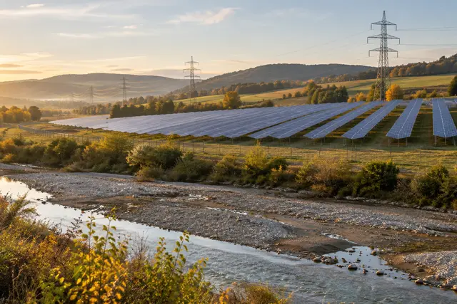 Photovoltaik in Österreich: Solarpark mit Hochspannungsleitung und niedrigem Flusspegel im Herbst