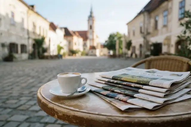 Presseverteiler aufbauen: Stapel regionaler Zeitungen auf einem Kaffeehaustisch in Niederösterreich