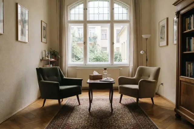 Psychotherapie auf Kasse: ruhiger Therapieraum mit zwei Sesseln in einem Wiener Altbau
