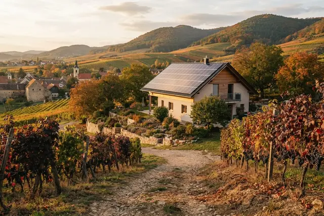 PV-Anlage Niederösterreich: Einfamilienhaus mit Solardach am Rand eines Weinorts