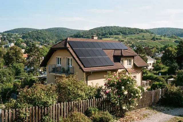 PV-Anlage in Wien: Solarmodule auf dem Ziegeldach eines Einfamilienhauses am Stadtrand