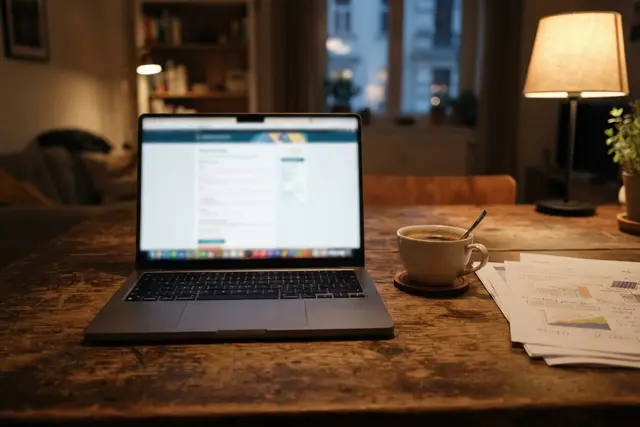 PV-Fördercall: Laptop und Angebotsunterlagen für die Photovoltaik-Förderung am Küchentisch