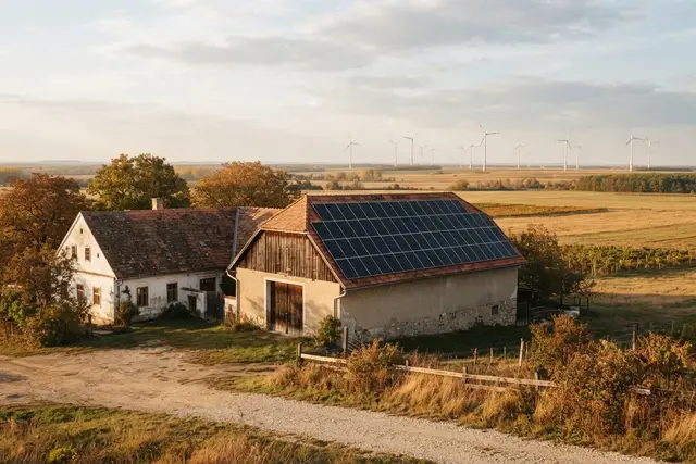 PV-Förderung Bundesländer: Photovoltaik auf einer Scheune im Burgenland mit Windrädern