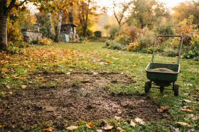 Rasen im Herbst: Nachsaat auf kahlen Stellen in einem Garten in der Steiermark