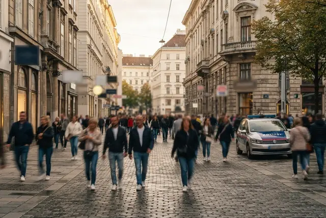Raub Mariahilfer Straße: Polizeiauto in einer Wiener Einkaufsstraße am Nachmittag