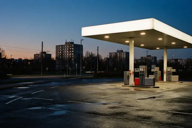 Raubserie Wien-Liesing: beleuchtete Tankstelle am Stadtrand in der Abenddämmerung