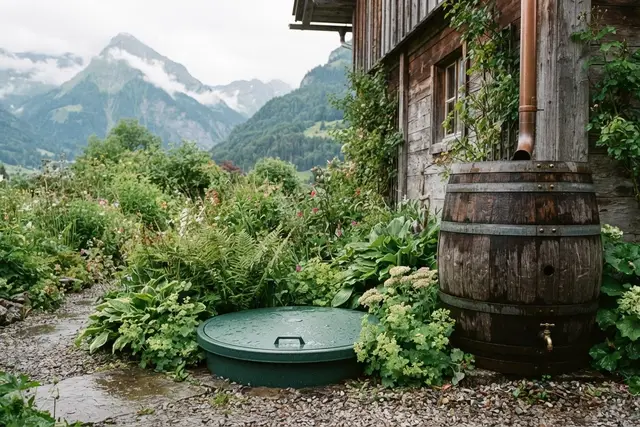 Regenwasser nutzen: Regentonne am Fallrohr in einem Garten in Vorarlberg