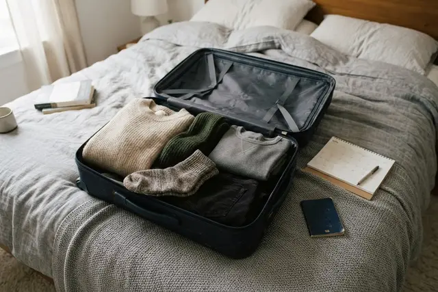 Reisestornoversicherung: Gepackter Koffer mit Winterkleidung auf dem Bett