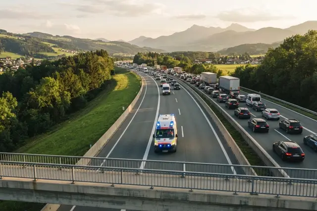 Rettungsgasse bilden: Rettungsauto fährt durch eine korrekt gebildete Rettungsgasse auf der Autobahn