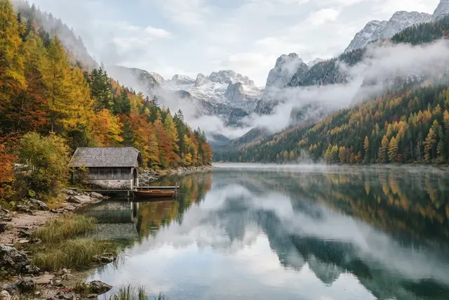 Salzkammergut im Herbst: Bergsee mit buntem Herbstwald und Morgennebel