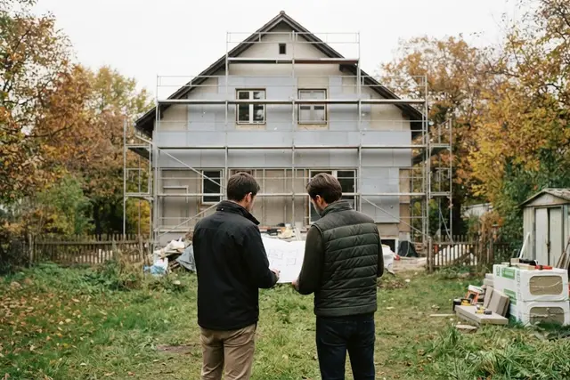 Sanierung in Wien: Einfamilienhaus mit Gerüst und Dämmplatten an der Fassade