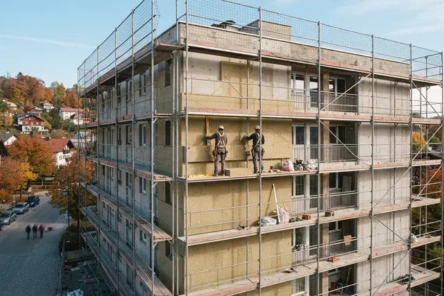 Sanierungsoffensive 2027: Wohnhaus mit Gerüst bei der Fassadendämmung