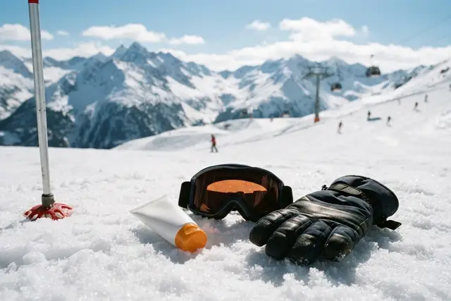 Sonnenschutz beim Skifahren: Sonnencreme und Skibrille im Schnee auf der Piste