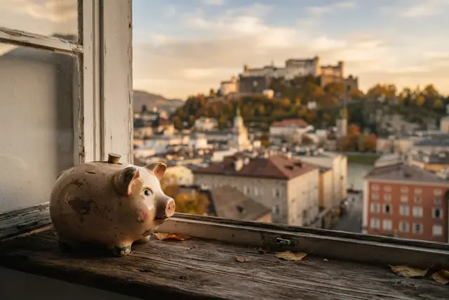 Sparen bei Inflation: Sparschwein auf einem Fensterbrett mit Blick über Salzburg