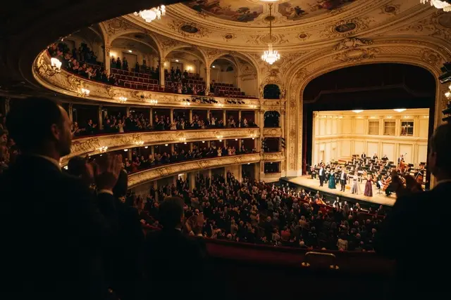 Staatsoper Wien: Blick vom Balkon auf Bühne und Zuschauerraum beim Schlussapplaus