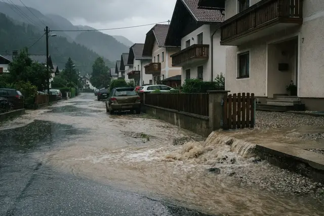 Starkregen: Wasser fließt auf einer Straße in Kärnten Richtung Hauseinfahrt