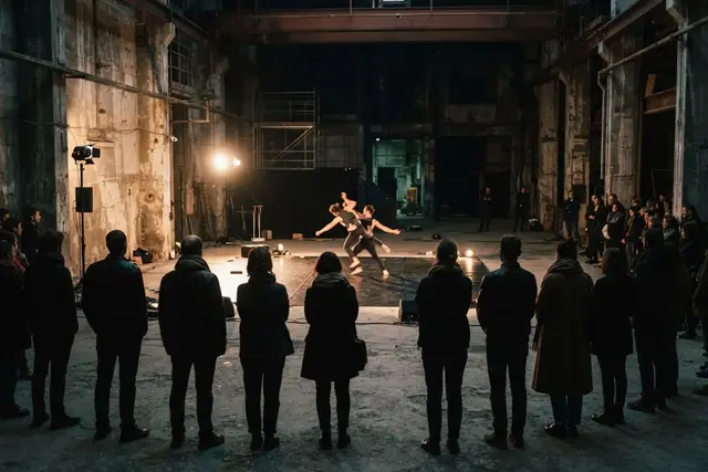 Steirischer Herbst: Publikum bei einer Performance in einer Industriehalle in Graz