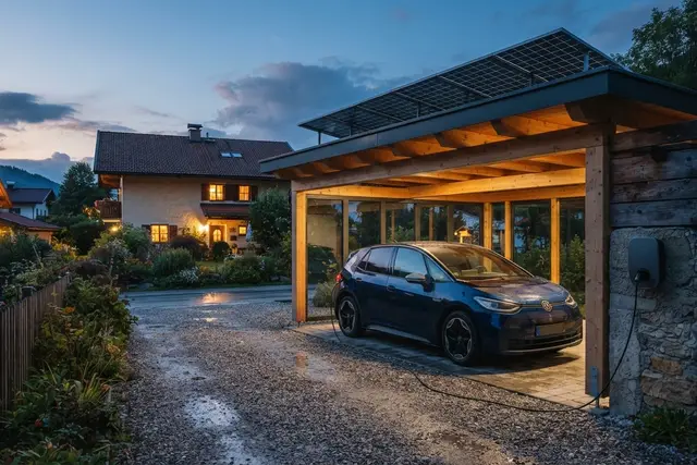 Stromnetztarife 2027: Wallbox im Carport mit Photovoltaik-Dach in der Dämmerung
