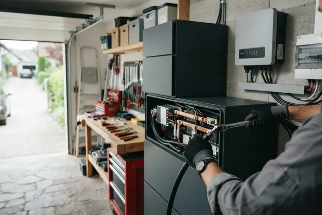 Stromspeicher nachrüsten: Batteriespeicher wird in der Garage an die PV-Anlage angeschlossen