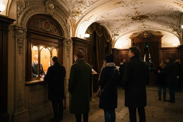 Theaterkarten Wien günstig: Wartende an einer historischen Theaterkassa am Abend