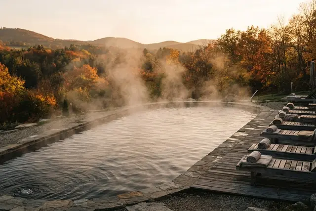 Thermen in Österreich: Dampfendes Außenbecken einer Therme im herbstlichen Burgenland