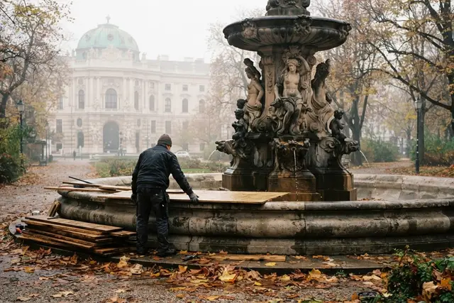 Trinkbrunnen Wien: Ein Brunnen wird im Herbst für die Winterpause abgedeckt