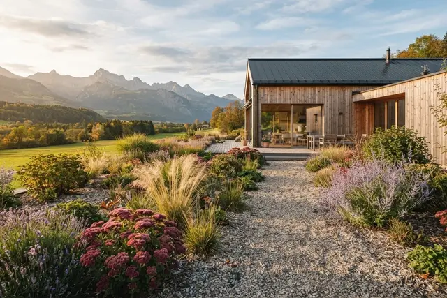 Trockenheitsresistenter Garten: Kiesbeet mit Lavendel, Gräsern und Stauden vor einem Holzhaus