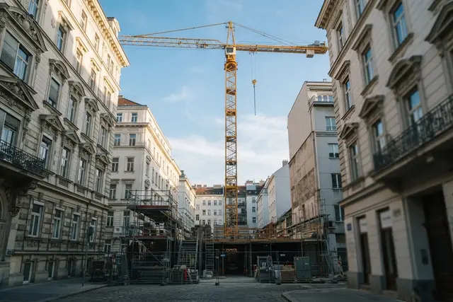 Turmdrehkran mieten: Baukran über einer Baustelle zwischen Wiener Altbauten