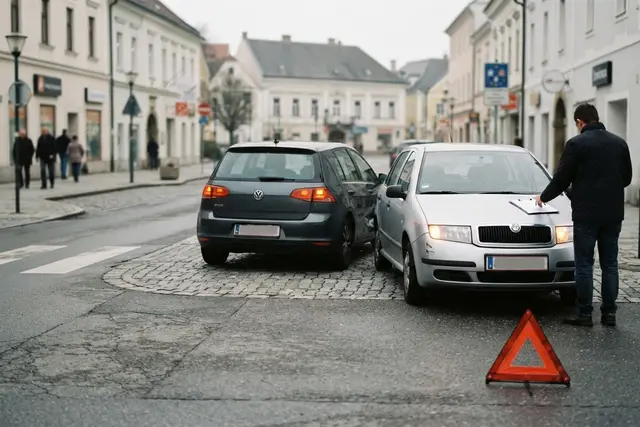 Unfallbericht ausfüllen: zwei Autos nach Blechschaden mit Warndreieck auf der Kreuzung